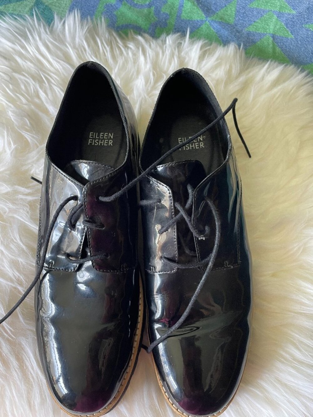 EILEEN FISHER Black Patent Leather Oxfords with Black Soles
